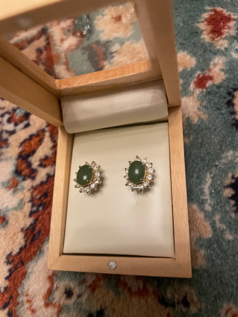 Green Jade Halo Stud Earrings with Sparkling Accents
